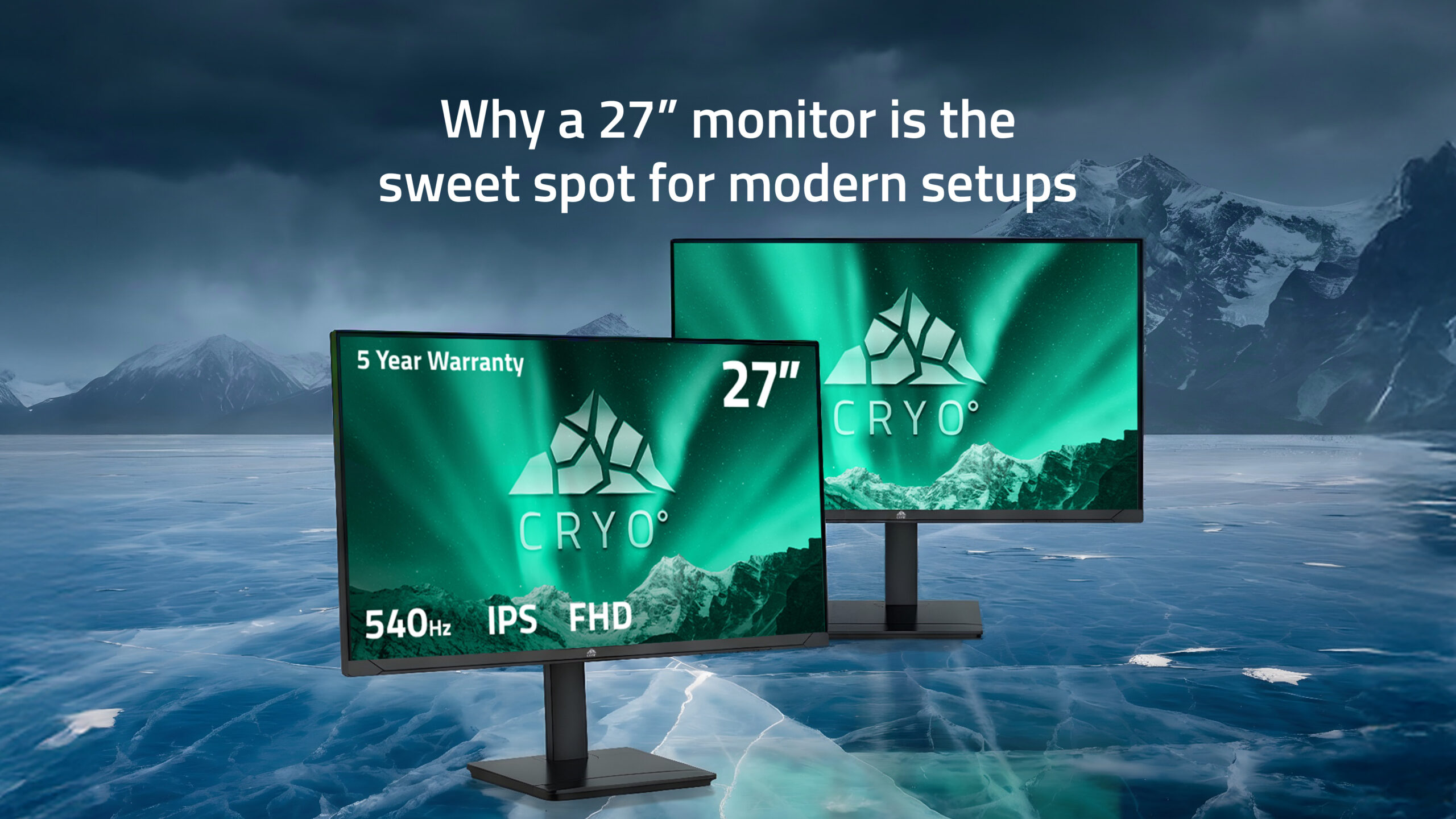 An icy-themed image featuring Chillblast's 27" monitors
