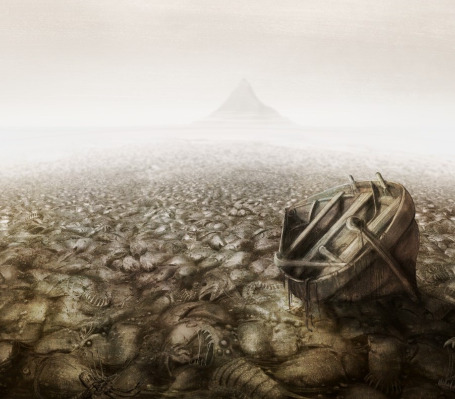 a boat in a barren wasterland filled with rotting fish. A mountain sits in the distance